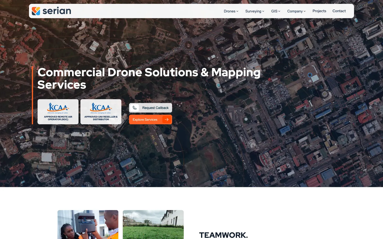 Serian Geospatial homepage — "Commercial Drone Solutions & Mapping Services" above client logos