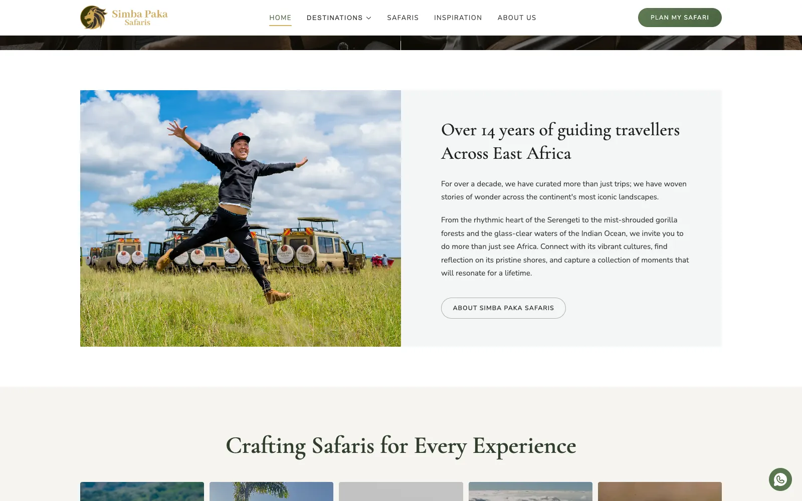 Homepage — experience and destination sections