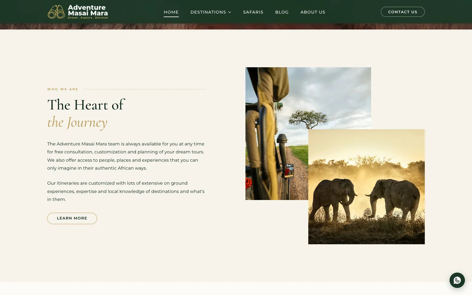 Adventure Masai Mara homepage, scrolled